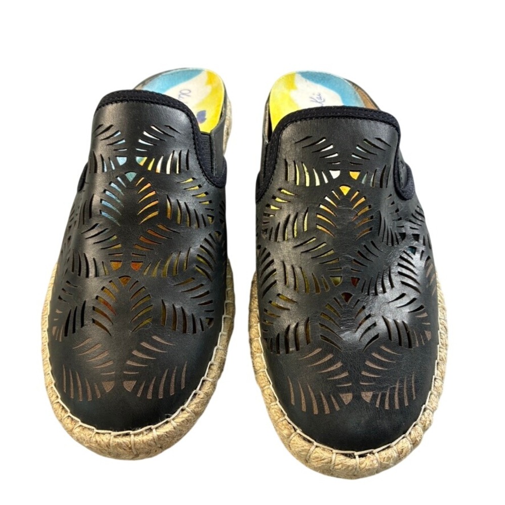 OluKai Kaula 'Olu 'Ili Black Leather Laser Cut Espadrille Mules Womens 8 20450 - Picture 2 of 16